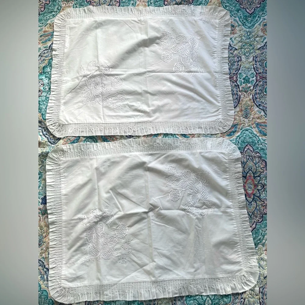 White Ruffled Floral Embroidered Standard Pillow Shams Set Romantic Fairycore